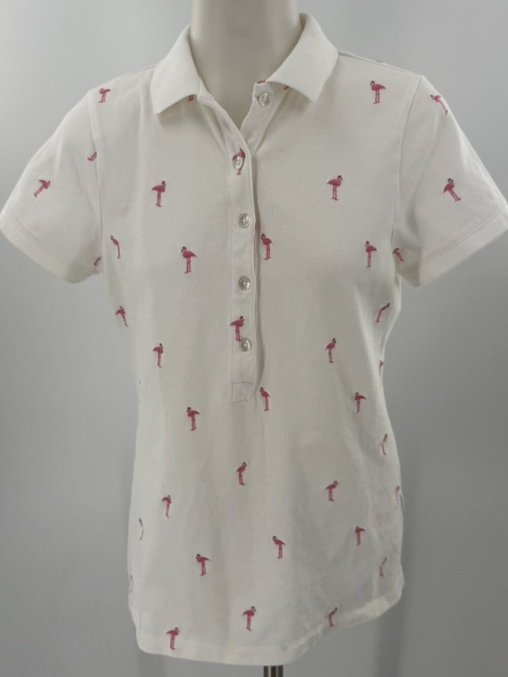 J.Crew Flamingo Embroidered Pique Polo Shirt White Cotton Preppy Top Medium